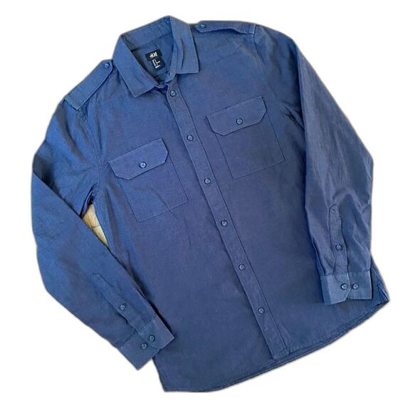 H&M Blue Button Up Long Sleeve Dress Shirt Size Medium - Picture 4 of 10
